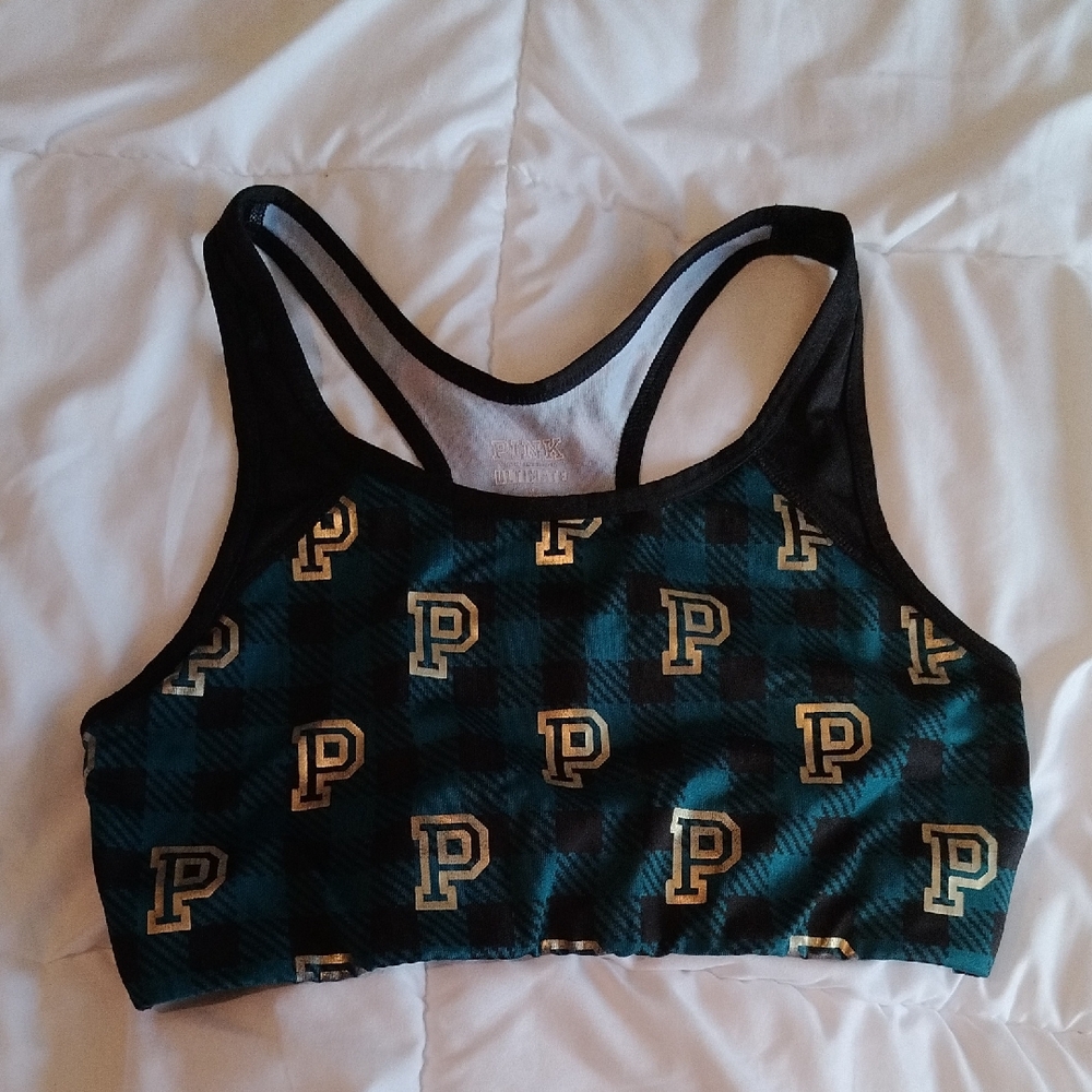 PINK Victoria's Secret Black & Teal Plaid Sports Bra - Small
